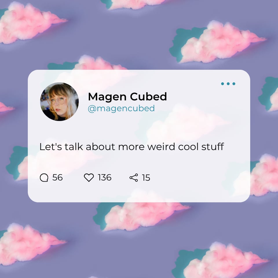 A social media post mockup displayed on a purple background patterned with fluffy pink clouds; the white card shows a circular profile photo of me (a woman with blonde hair and glasses) and the text "Let's talk about more weird cool stuff."