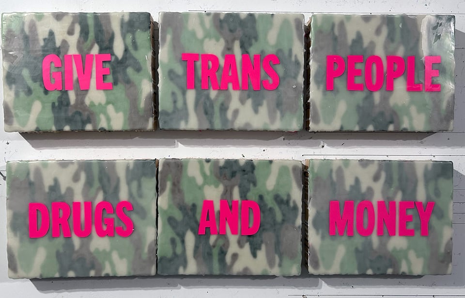 Six little paintings with camo backgrounds. One large pink word per painting: GIVE TRANS PEOPLE DRUGS AND MONEY