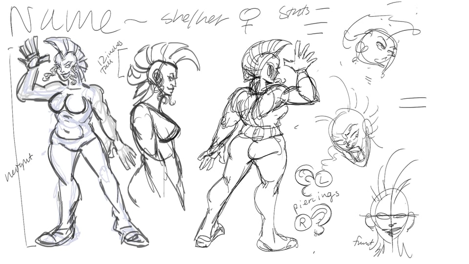 A ref sheet sketch of a punk woman