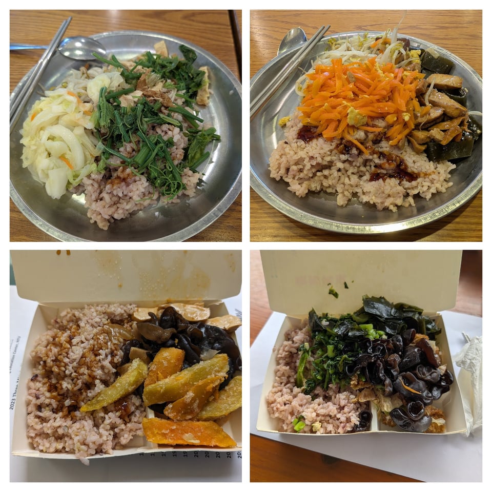 A collage of four pictures of meals - each features a brown-ish rice and an assortment of vegetables. Two are on metal plates and two are in cardboard boxes.