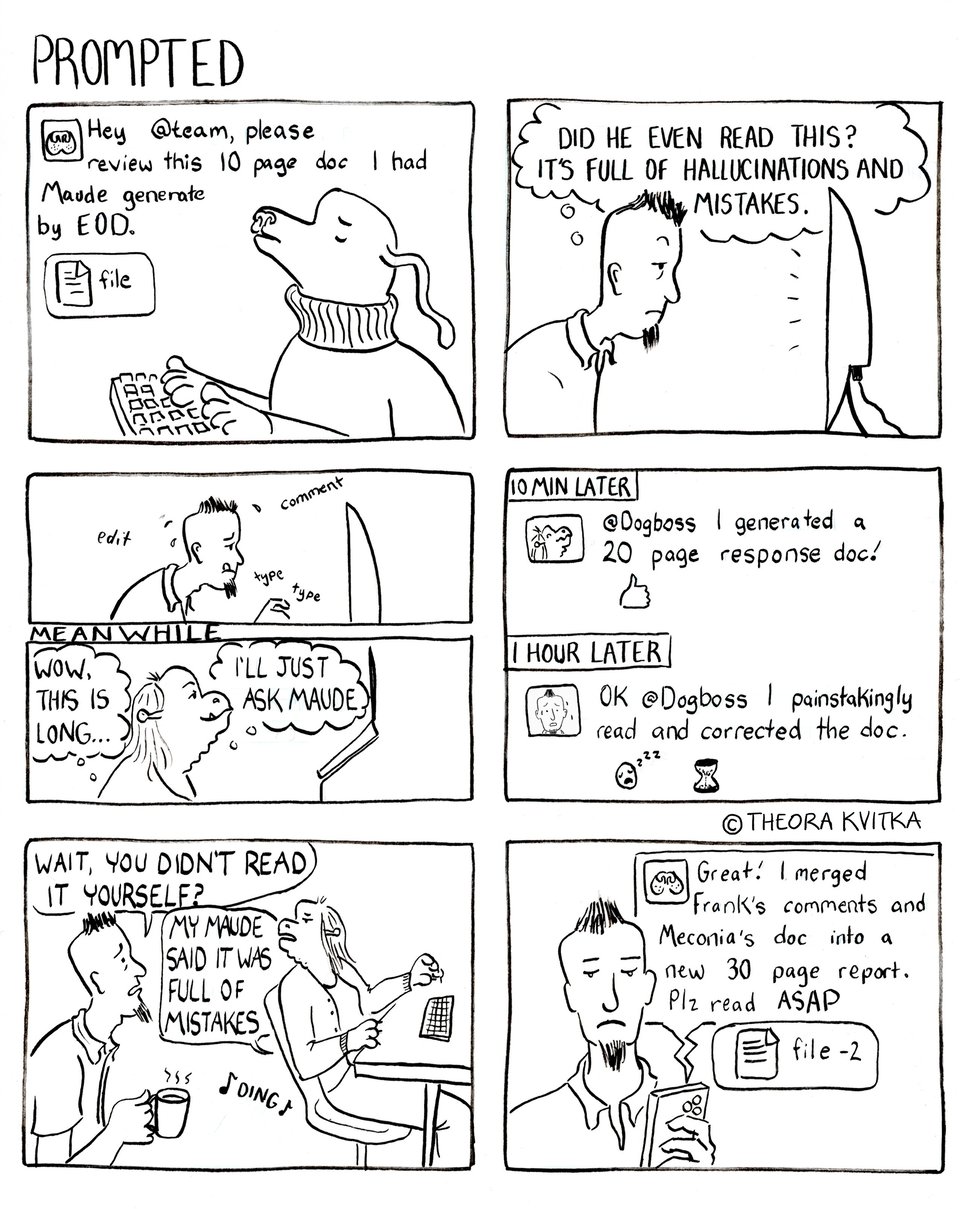 One page comic, titled "Prompted" featuring an exchange via "slack" between Dogboss, Meconia and Frank about reviewing AI generated documents.