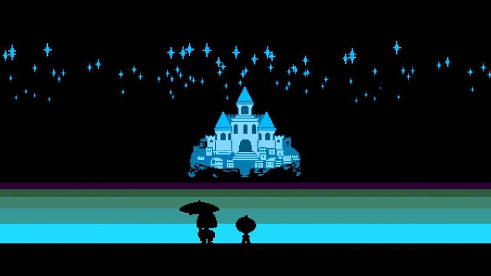 A still image from the video game Undertale (2015). The main character Frisk and side character Monster Kid are silhouetted and looking out towards Asgore's Castle in the distance. The sky is dark and full of blue sparkling stars.