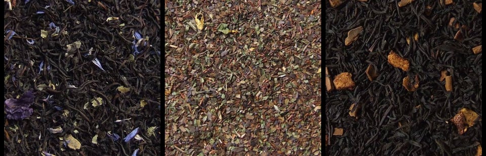 triptych of Wild Blackberry Sage house black tea blend leaves, Minty Mocha Mate Medley leaves, and Le Marche Spice black tea leaves
