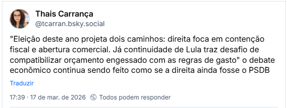 Post de Thais Carrança (@tcarran.bsky.social): "Eleição deste ano projeta dois caminhos: direita foca em contenção fiscal e abertura comercial. Já continuidade de Lula traz desafio de compatibilizar orçamento engessado com as regras de gasto" o debate econômico continua sendo feito como se a direita ainda fosse o PSDB