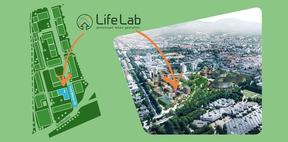 Rechts ein Bild des neuen Quartiers mit einem Pfeil auf unser Haus, links ein Grundriss des neuen Quartiers mit dem neuen Straßennamen und der Hausnummer für unser Haus, ebenfalls mit einem Pfeil markiert.