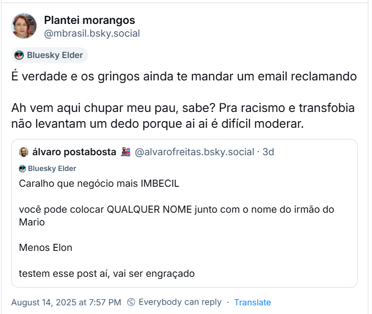 A imagem mostra post da Plantei morangos (‪@mbrasil.bsky.social)‬ com citação ao post do álvaro e com o texto: É verdade, e os gringos ainda te mandar um email reclamando. Ah, vem aqui chupar meu pau, sabe? Pra racismo e transfobia não levantam um dedo porque ai ai é difícil moderar.