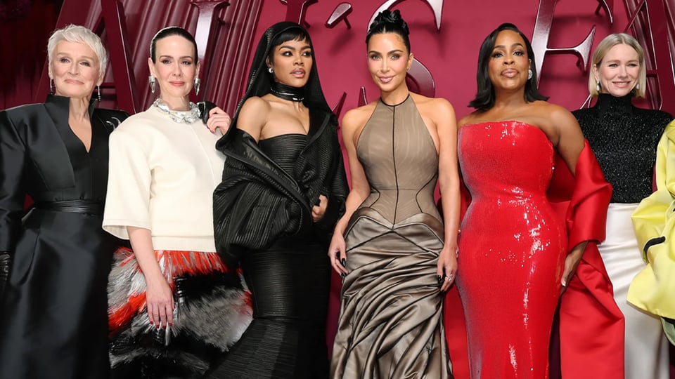 The all-female cast of All's Fair, smartly dressed for a photo op