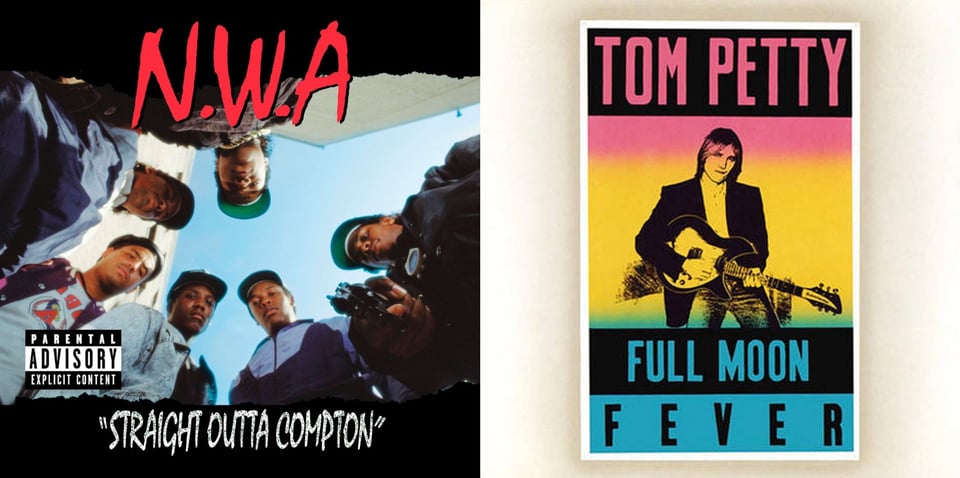 First pic: Six young Black men shot from the ground looking up, so they appear to be standing over you. They are arranged in a circle. One of them is pointing a gun at the camera. They all look a little disappointed, like you fucked up and now they have to kill you. Also, please note there is no period after "A" in N.W.A Second pic: A photo of Tom Petty, a skinny white guy with a long narrow face, playing a guitar. He has an odd look on his face; he may be biting his lip? The photo is tinted rainbow style, going from red at the top to yellow (which covers most of Petty's body), to blue at the bottom.