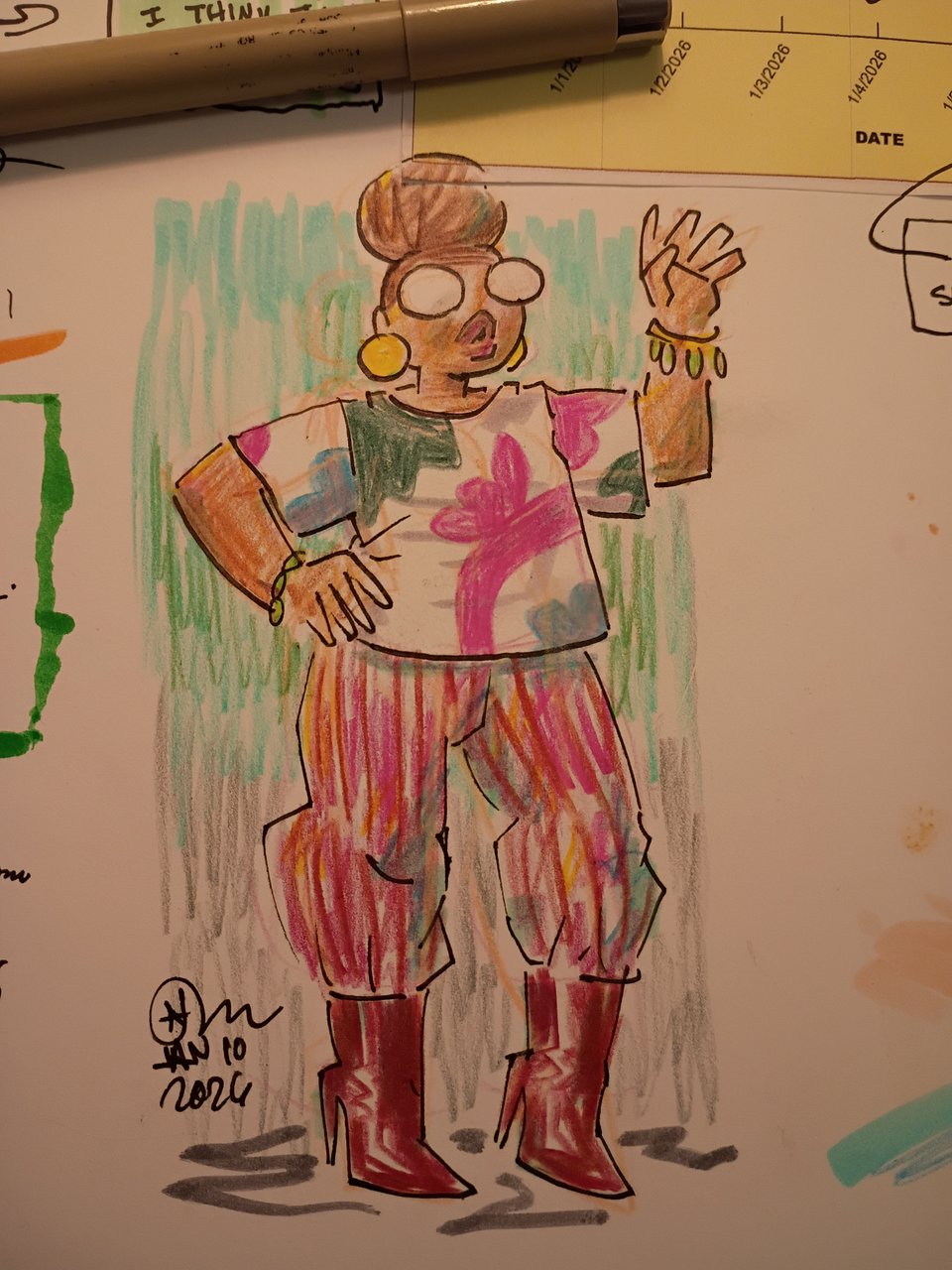 Drawing of Val done in ink, colored pencil, and marker