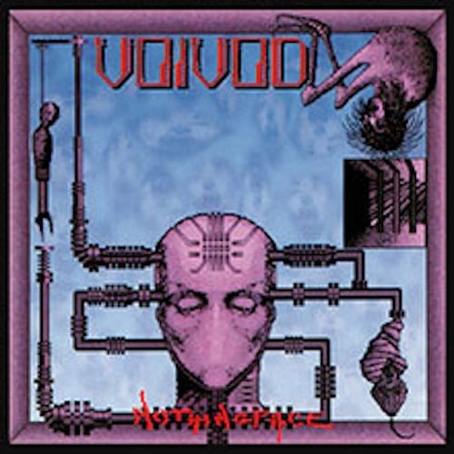 The head of a humanoid, perhaps alien creature, with pink skin. It has no mouth, and a circuitry-type design on its forehead. There are various pipes leading from the edge of the picture and going into the head. The background is blue. I don't know if Voivod say "trans rights" but they seem like a metal band that would.