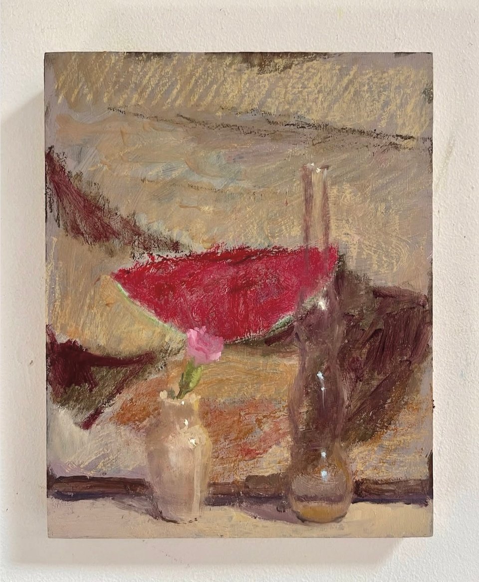 A painting of a flower vase with a pink flower in front of a painting of a watermelon.