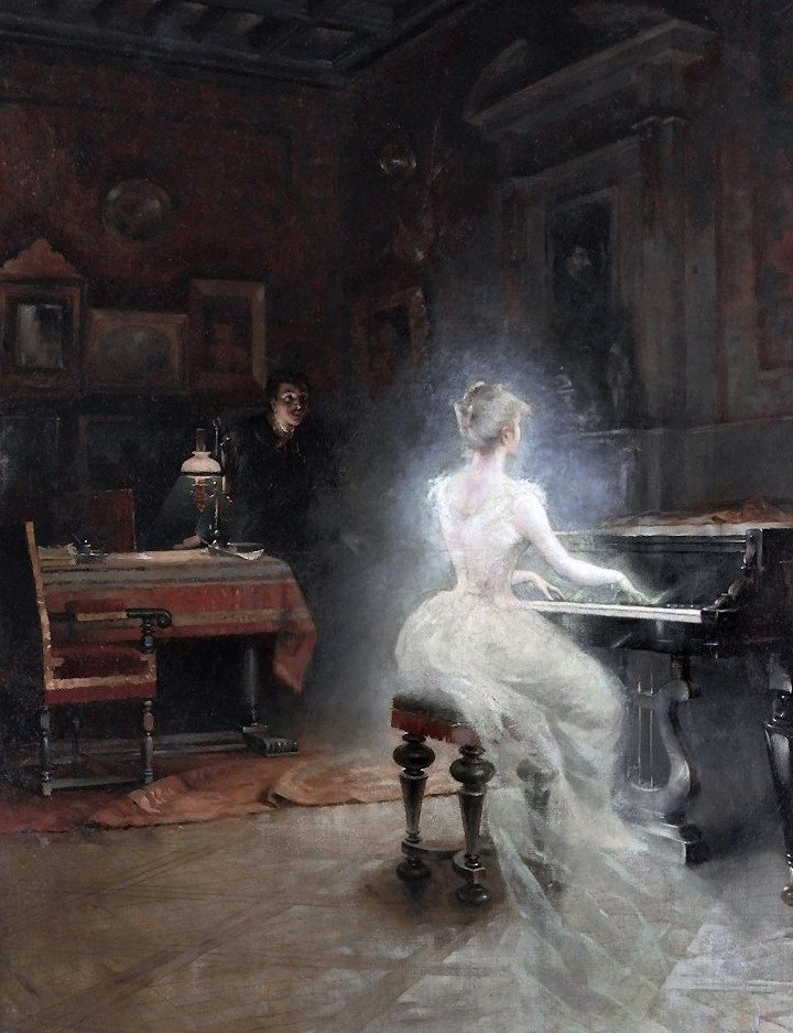 A man leaps up from his desk in surprise at the sight of a ghostly woman playing the piano nearby