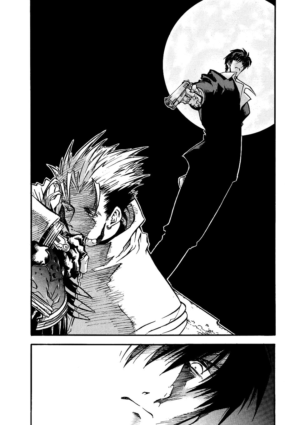 Two panels from the next page of trimax. Wolfwood, now with fifth moon behind him, aims a gun at vash, who stares ahead.