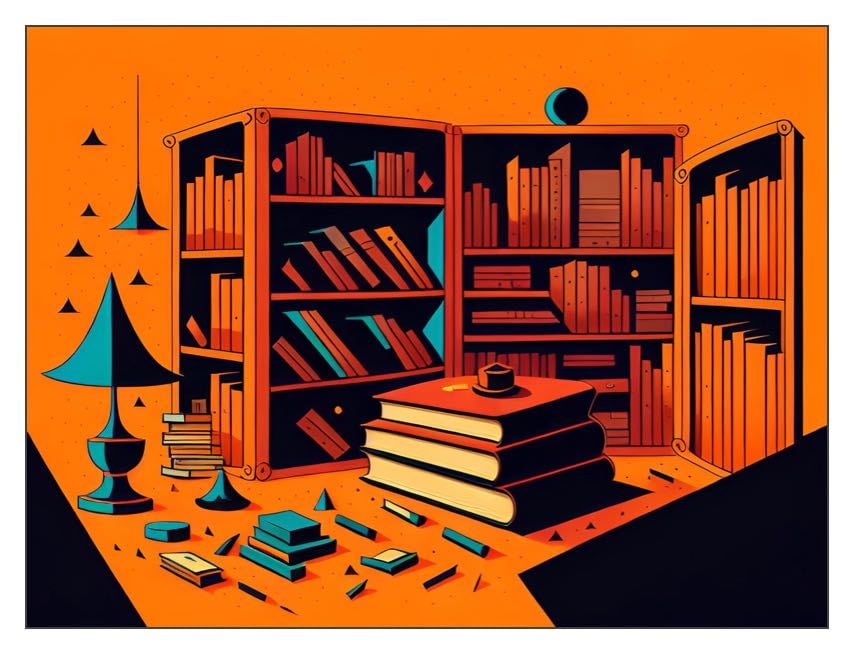 A stylised image of a personal library, with bookcases, a lamp, and a stack of books on a desk.