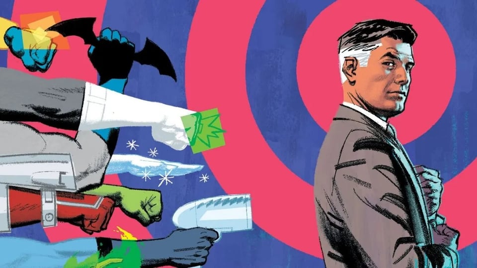 The protagonist of Human Target being targeted by the arms of Justice League International.