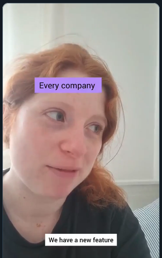 A young woman with a half-smile looks off-camera. A label on her forehead reads "Every company." Below that is a caption reading "We have a new feature."