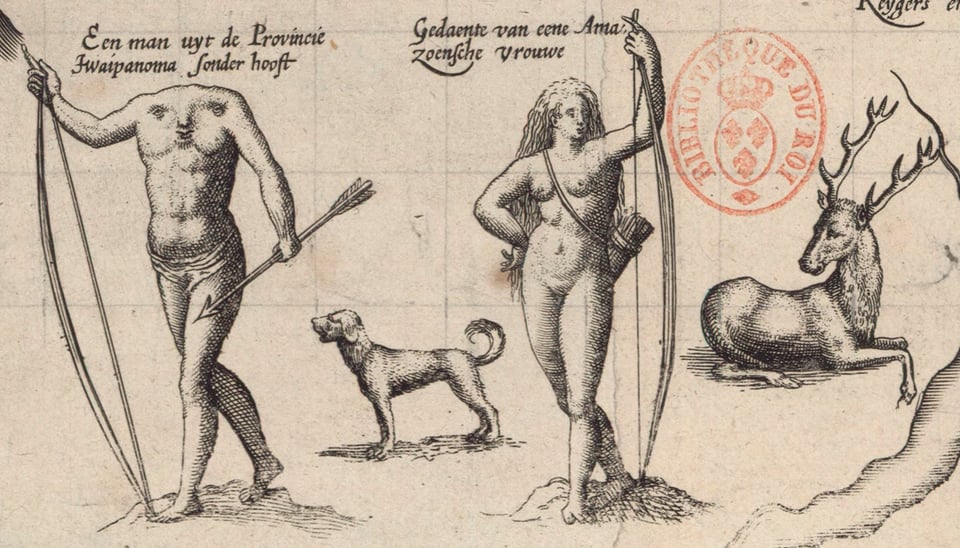 A detail from a printed map showing two elegant standing figures. On the left is a man with no head, with his face in his chest, wearing a small covering around his waist. On the right is a naked, long-haired woman. Both figures carry bows an arrows. A small dog stands between them; a seated stag is to the right of the woman. A red oval stamp appears between the woman and the stag.