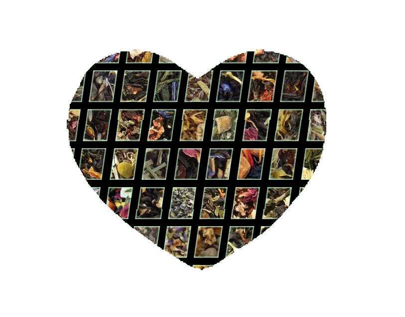 heart shape filled with a grid overlay over many smaller pictures of Discover Teas house blend tea leaves
