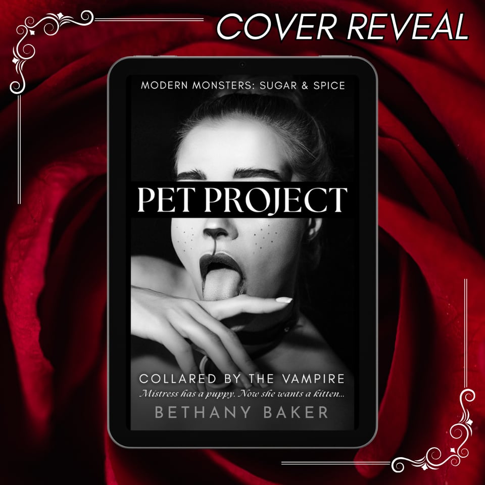 A cover reveal graphic for Pet Project: Collared by the Vampire by Bethany Baker. The cover is black and white featuring a model with cat makeup wearing a black collar and licking her hand. The series name is "Modern Monsters: Sugar & Spice" and the book's tagline is "Mistress has a puppy. Now she wants a kitten..." The graphic's background is an image of a red rose.