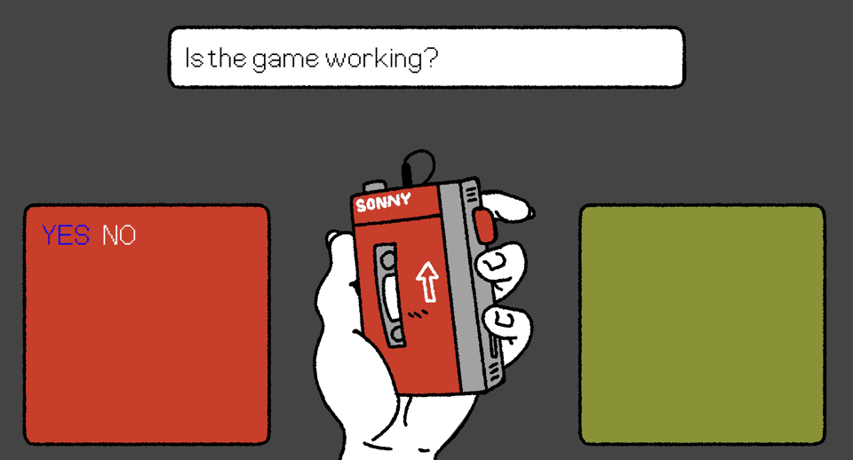 An early in-engine prototype of PATIENCE IS A VIRTUE's puzzle UI. From left to right, the UI has: a red-orange textbox with the words "YES" and "NO", a hand holding a red-orange cassette player, and an empty green textbox.