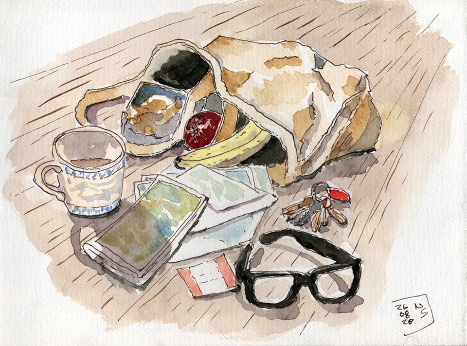 Line and wash sketch of several items on a wooden table top. A cup of coffee. A fabric shopping bag with a banana, an apple, and other objects spilling out of the bag on the top. Some cards, maps, and correspondence. A bus ticket. A set of keys on a ring. And a pair of smart glasses. Signed NS. Dated August 28, 2026.