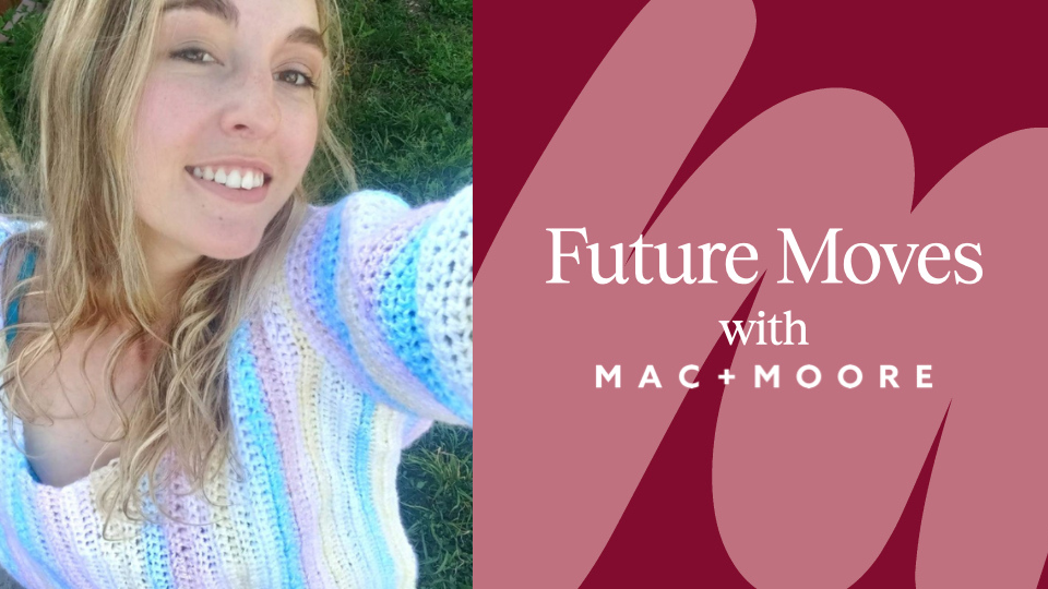 a woman with the words future moves with mac moore