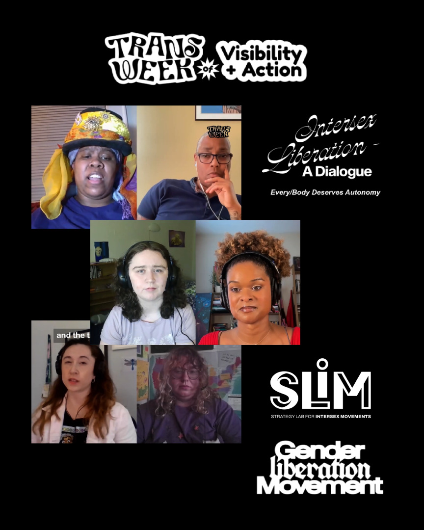 Event graphic featuring 6 headshots captured from the screen recording, SLIM and GLM logos, and the title “Intersex Liberation, a dialogue,” which is a part of Trans Week of Visibility and Action.