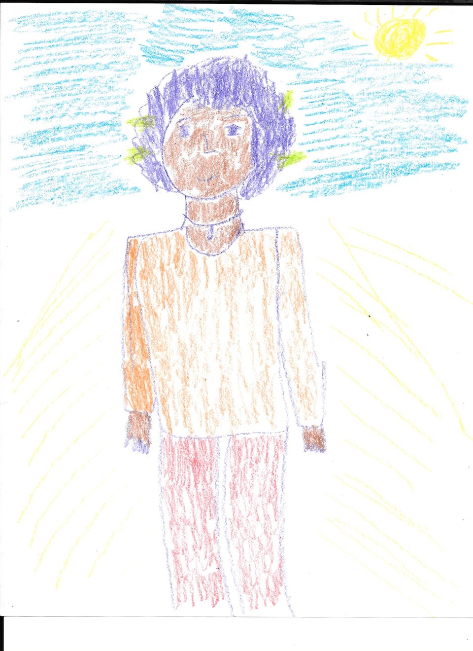 A drawing of a being from another planet, with bright colored purple hair with green lights shining from it. He wears an orange shirt and red pants, and his skin is brown.
