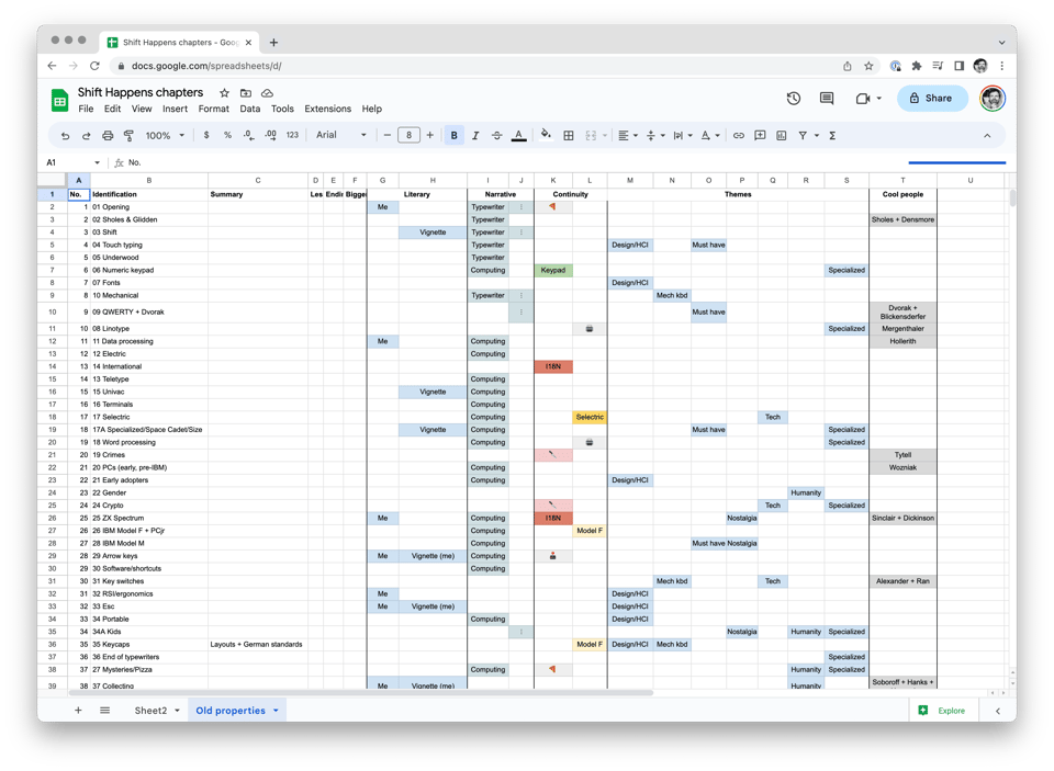 A spreadsheet with narrative themes