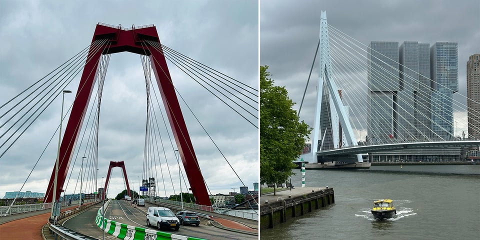2 photos: left, Willemsbrug, a red, cable-stayed bridge, head-on; right, Erasmusbrug/The Swan bridge from the side, with cables emanating to the right, and a stacked building in the backgorund