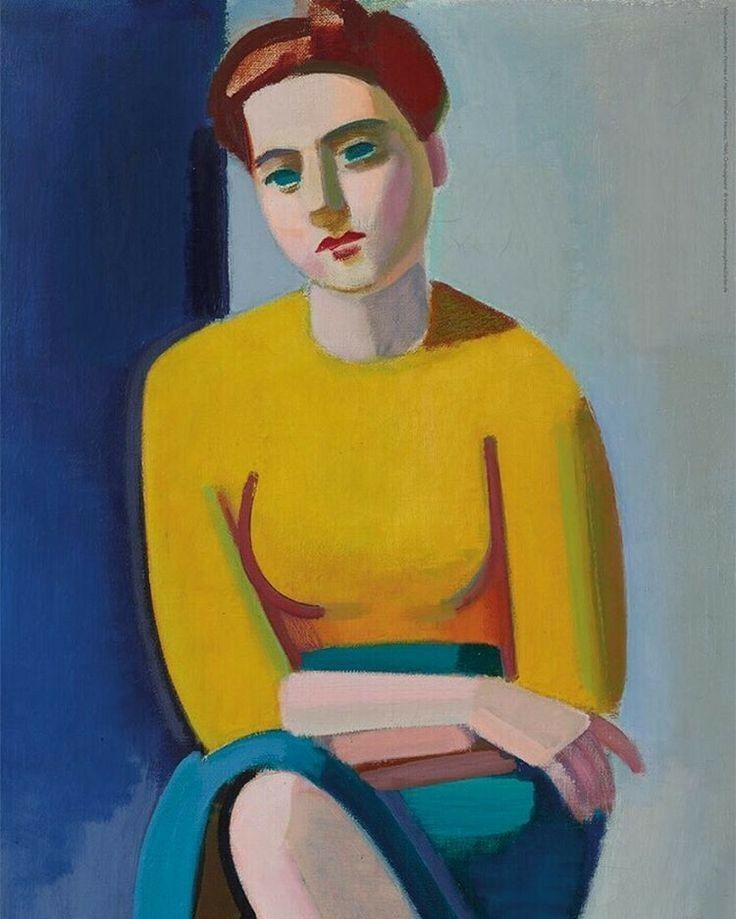 A mid-century cubist (?) portrait of a woman sitting while wearing a bright yellow blouse and a blue skirt