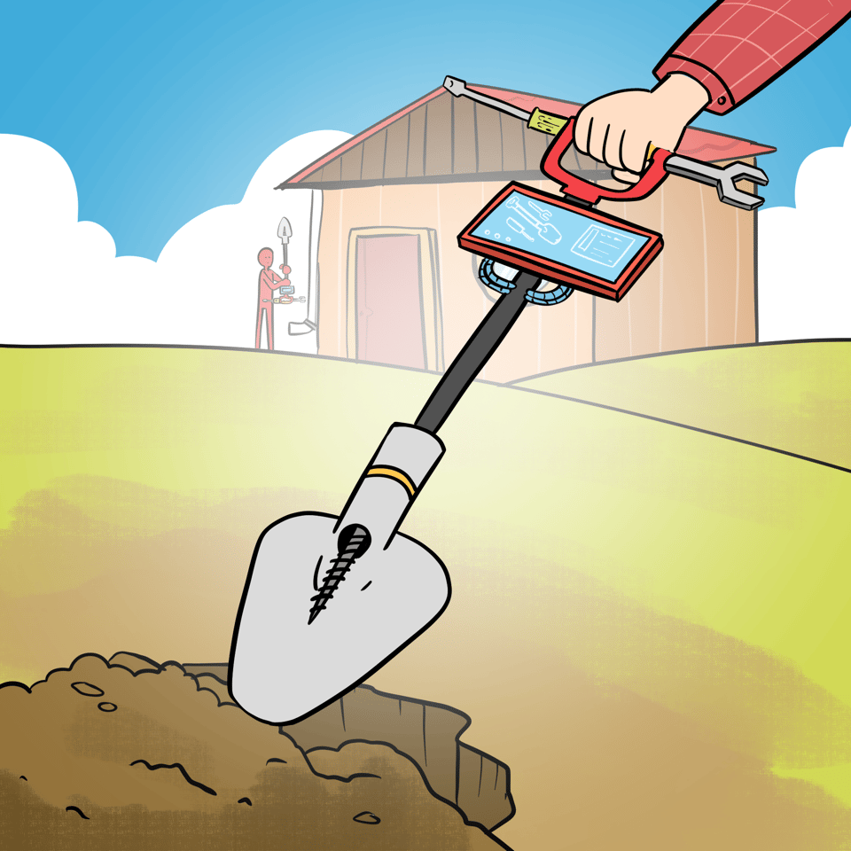 A shovel with integrated drill, screen and attached screwdrivers and spanner is digging a hole. In the distance a man is using another similar device to learn about how to fix his drain.