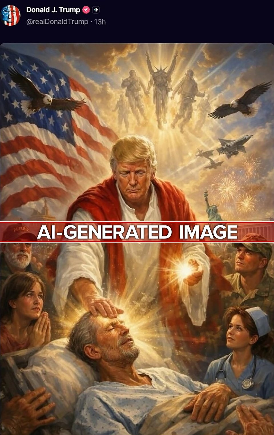 The AI-generated image posted by Trump on Sunday depicted him as a Jesus-like figure in red-and-white robes with light coming out of his hands