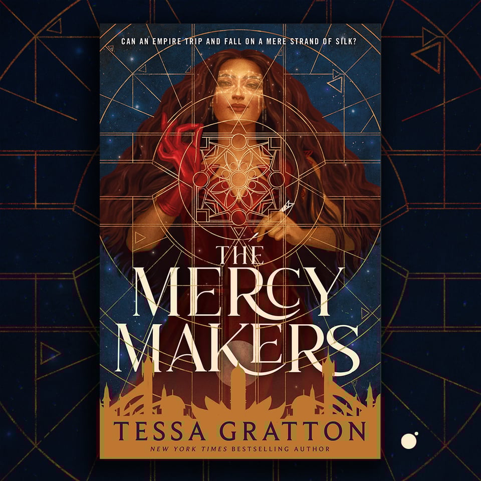 Image of the cover of The Mercy Makers, a tan woman with dark hair and a smug smile manipulates golden threads of magic against a blue background
