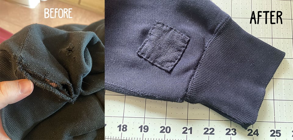 A before and after shot of a black hoodie. Before shows a cuff half coming off the sleeve, along with several puncture holes above it. After shows a small, black, square patch covering the holes, and the cuff has been reattached to the sleeve fairly smoothly.