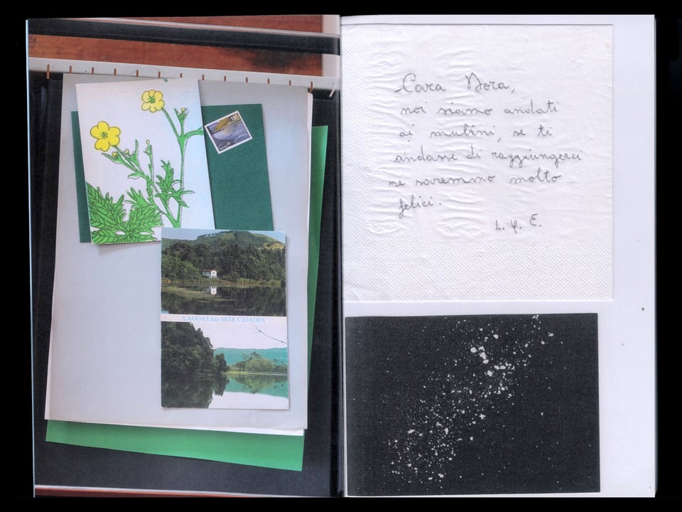 [A scan of a magazine spread of scans. Paper ephemera layers on top of each other: photographs of a lake, a drawing of flowers, a postage stamp, a note to Dora, an image of space.]
