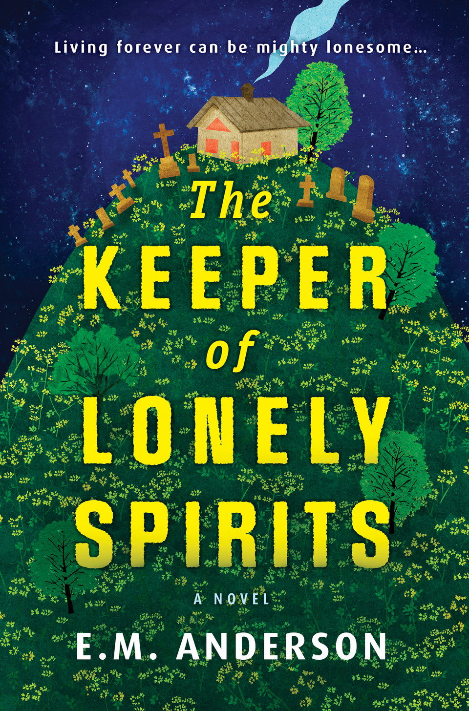 E.M. Anderson's The Keeper of Lonely Spirits, which features a lonely cottage, surrounded by headstones, with smoke drifting from the chimney, atop a tall green hill dotted with trees and yellow flowers
