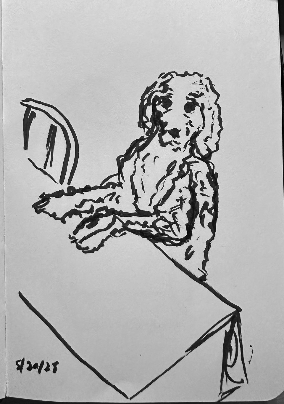 Brush pen sketch of a doodle-type of dog standing up at a kitchen table, with its forepaws on the tablecloth
