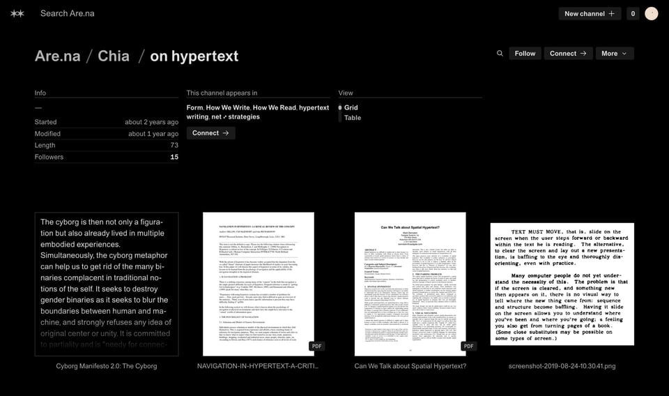 [A screenshot of Are.na’s interface in dark mode, now using Areal.]