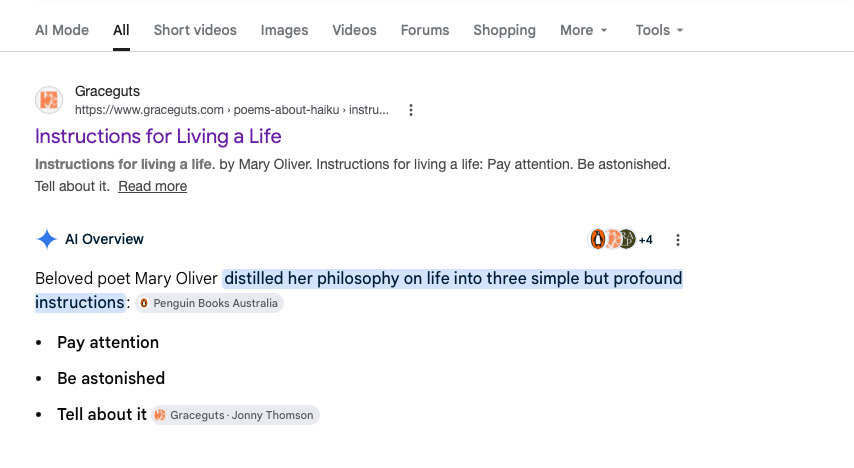 The top of the google search page for "mary oliver instructions for living a life"