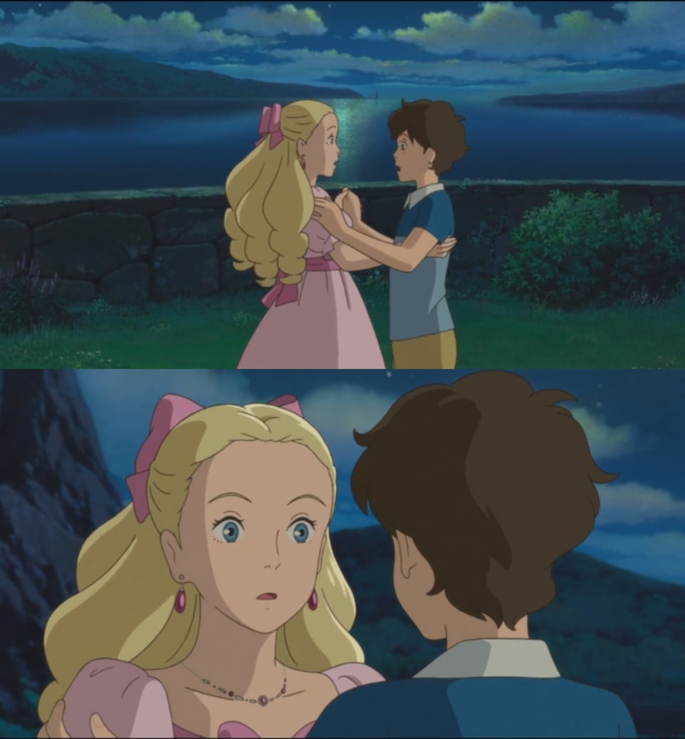 A collage of two screencaps. In the first, Anna and Marnie have stopped dancing, and are staring at each other. The second is a closeup of Marnie staring at Anna.