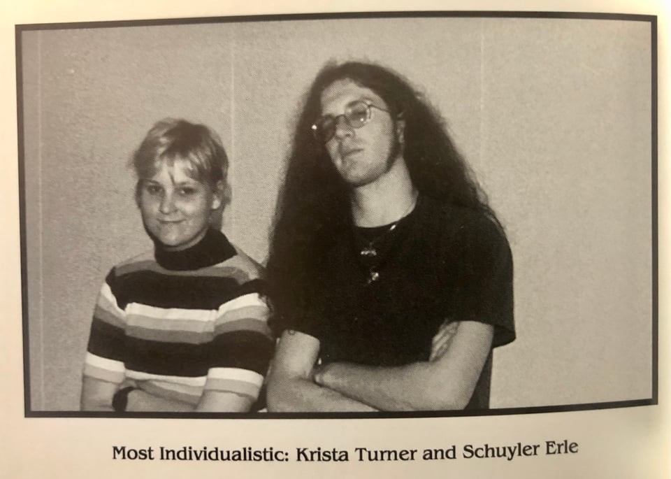 A high school yearbook photo of two teenagers with their arms folded. The text underneath reads "Most Individualistic: Krista Turner and Schuyler Erle"