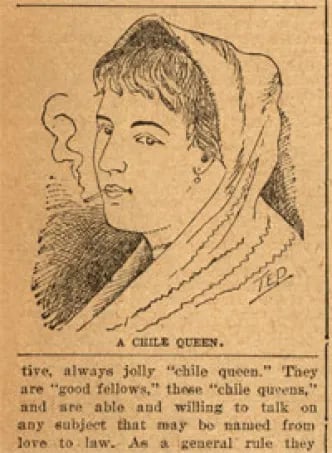 a drawing from the San Antonio Daily Express in 1894 depicting a Chile Queen with a sly look on her face and a cigarette dangling from her lips
