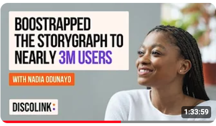Cover image of the Ask Me Anything Session. On the right is the title of the vide: Bootstrapped The StoryGraph To Nearly 3m Users With Nadia Odunayo and to the right is my smiling face looking off into the distance.