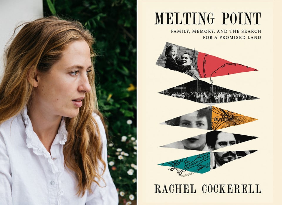 Two images: left, portrait in profile of writer Rachel Cockerell; right, cover of Rachel’s new book, MELTING POINT