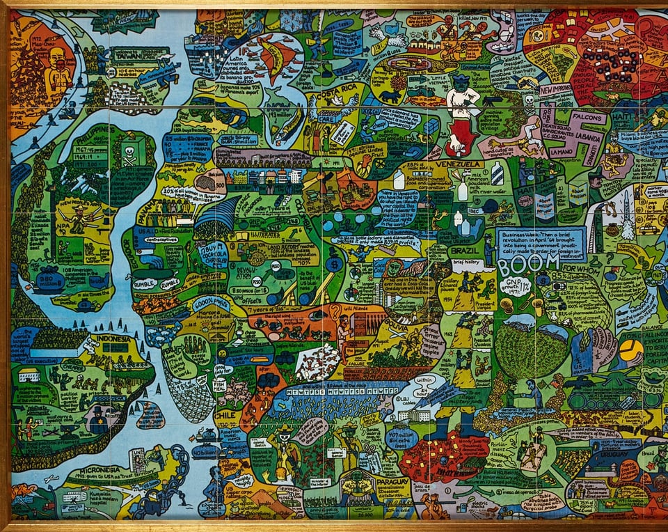 [An illustration of regions in Southeast Asia and Latin America, with text and images inside almost puzzle-like pieces of land, all rendered in different colors.]