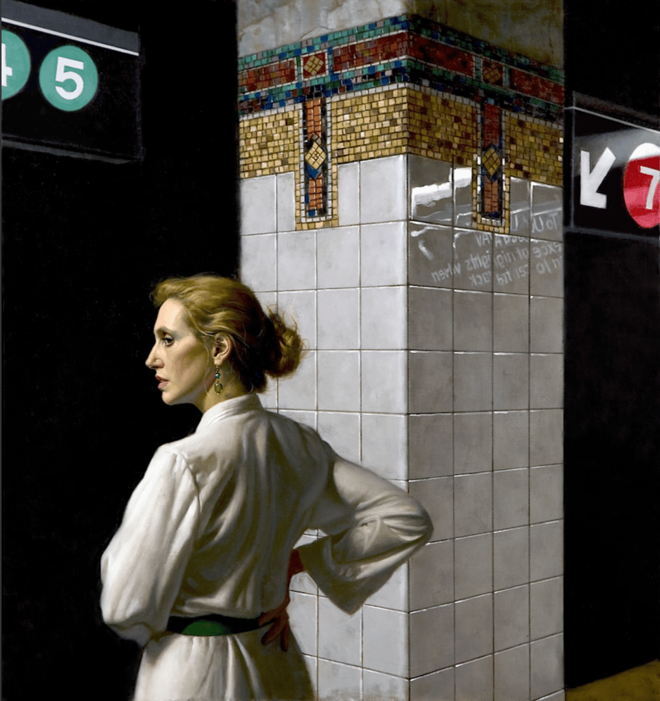 A painting of a woman in a white dress waiting on a subway platform