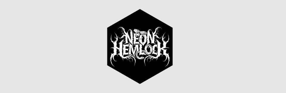the Neon Hemlock logo. Looks earthy and like maybe it belongs to a black metal band. there's a snake and some fungus or something emerging from the letters