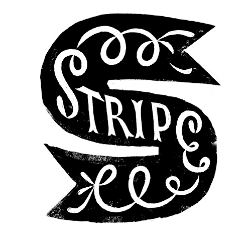 The word STRIPE, written in swashy curlies, in a big black letter S.