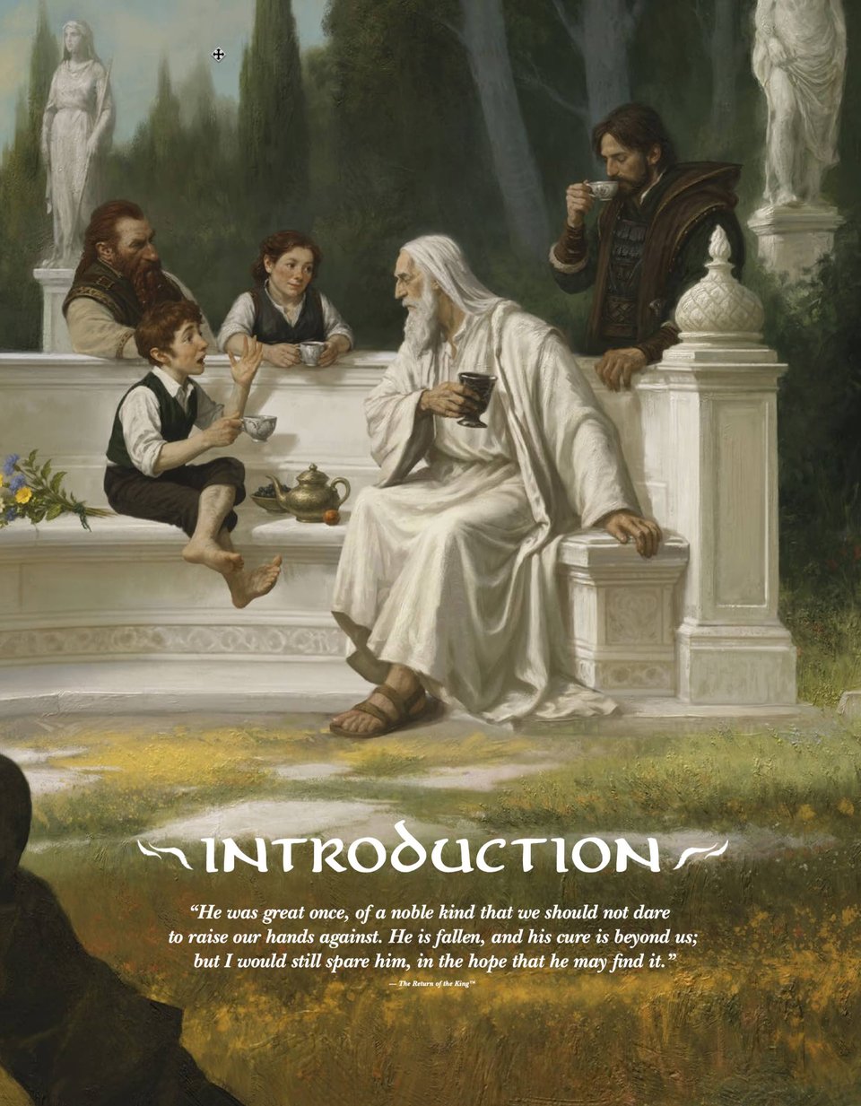 Saruman having tea with some adventurers in his garden